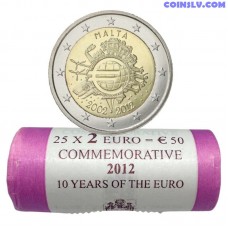 Мальта 2 Евро Рулон 2012 10 лет Евро UNC 25 Монет