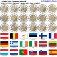 *PRESALE!* 2 Euro 2022 "35 years of the Erasmus programme" x18 Coin Set (Germany 1 random letter, without Malta)