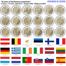 2 Euro 2022 "35 years of the Erasmus programme" x18 Coin Set (Germany 1 random letter, without Malta)