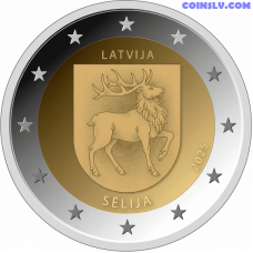 Латвия 2 евро 2025 UNC монета Селия с оленем на аверсе