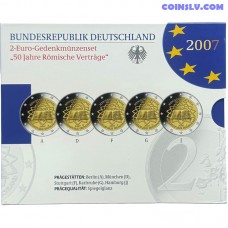 Германия 5x 2 Евро 2007 - 50-летие Римского договора Proof комплект монеты A D F G J