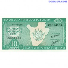 Burundi 10 Franki Amafaranga 2007 UNC zaļa banknote Pick P-33e ar valsts karti un ģerboni