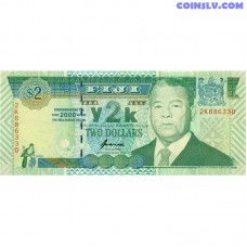 Fidži 2 Dolāri 2000 UNC zaļa-zila banknote Pick P-102 ar Ratu Sir Penaia Ganilau un Kaka putnu