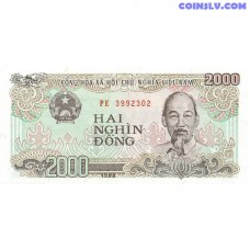 Vjetnama 2000 dongi 1988 UNC banknote ar Ho Ši Mina portretu un strādniekiem