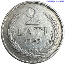 latvija 2 lati 1925 sudraba moneta vf xf gerbonis ozola vainags