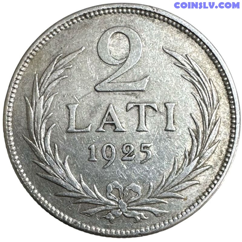 Latvia 2 Lats Silver Coin 1925 (VF-XF, Mintage 6.385.531 pcs)