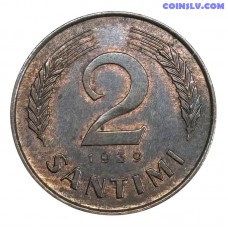 latvija 2 santimi 1939 bronzas moneta aunc