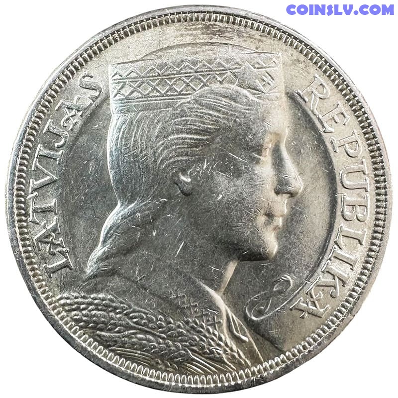 ラトビア銀貨5ラット1929年25g Silver Coin Latvia 5 Lati 1929 (XF-UNC)