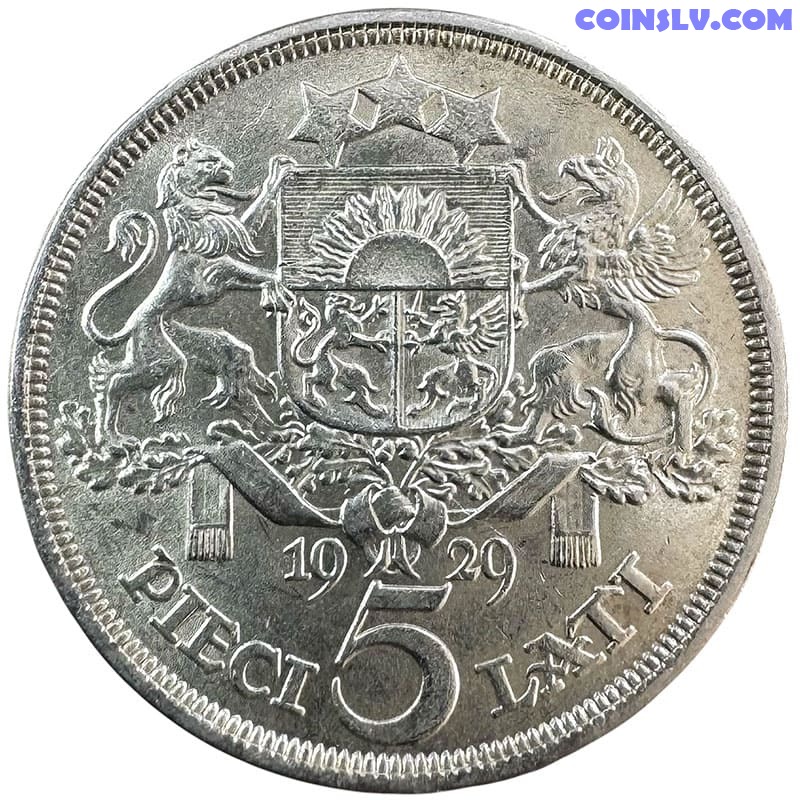 ラトビア銀貨5ラット1929年25g Silver Coin Latvia 5 Lati 1929 (XF-UNC)