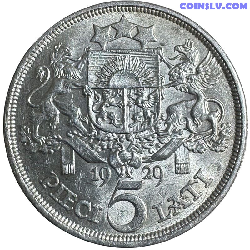 Silver Coin Latvia 5 Lati 1929 (XF-UNC)