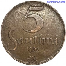 latvija 5 santimi 1922 bronzas moneta vf